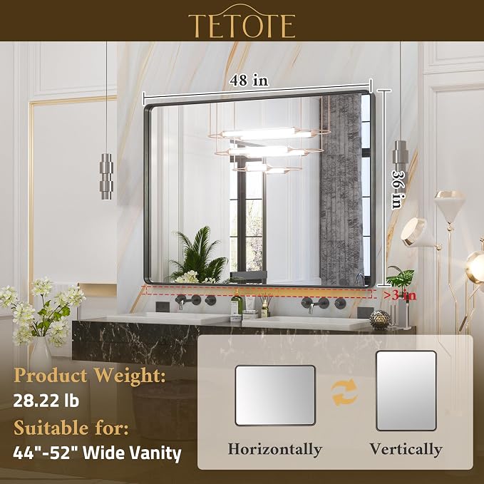 TETOTE 48 x 36 Inch Silver Mirrors for Bathroom, Brushed Silver Framed Rectangular Modern Farmhouse Large Vanity Mirror for Wall Decor (Horizontal/Vertical)