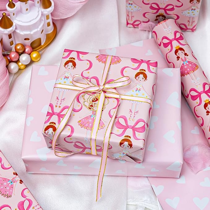 Homeral Pink Ballerina Wrapping Paper Roll - Ballet Princess with Bowknots & Heart Pattern, Reversible Gift Wrap for Girls Birthday, Baby Shower, Bridal Shower, Party - Mini Roll - 17 Inch x 16.5 Feet