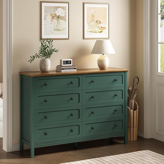 CARPETNAL Green Dresser for Bedroom, 55" Wide 8 Drawer Dresser with Metal Handles and Deep Drawers, Modern Large Wood Chest of Drawers for Living Room, Hallway.