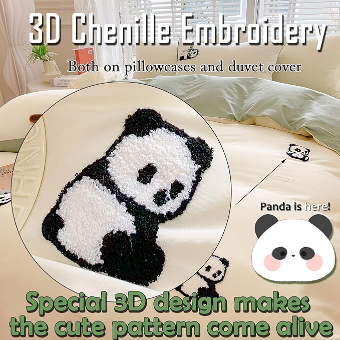 MorroMorn Queen Duvet Cover Cotton, 3D Embroidery Queen Bed Set Green, Chenille Embroidered Comforter Covers Blanket Soft Breathable Sweat-Absorbent for Girls Boys Kids Teen (Panda, Full/Queen)
