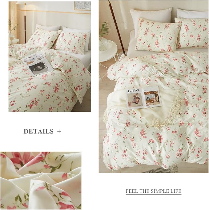 VM VOUGEMARKET Pink Floral Comforter Set Twin XL Cream Bedding Comforter for Teen Girls Women All Season Garden Flower Comforter Set
