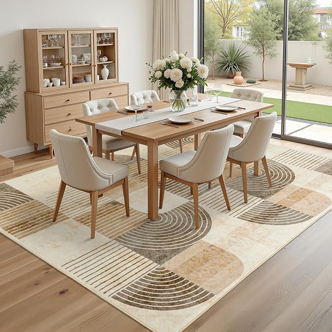Area Rugs 9x12 Living Room-Washable Modern Geometric Neutral Beige Rug for Bedroom, Non-Slip Indoor Floor Abstract Carpet for Dining Room Nursery Office Home Decor