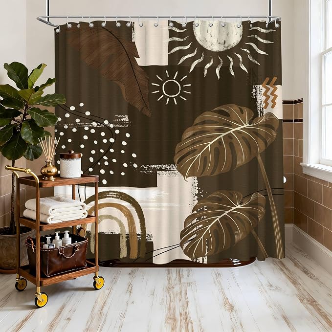 Dark Brown Mid Century Modern Shower Curtain Boho Abstract Khaki Earth Tone Shower Curtains for Bathroom Decor Sets, Waterproof Cloth Fabric with Hooks, 108 x 72 Inch