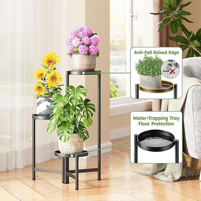 3 Tier Large Plant Stand Indoor with 7.9 Inch Wide Tray, Tiered Corner Metal Outdoor Flower Holder Stand, Folding Tall Rack for Display Shelf for Patio Porch Balcony - BlackDisk