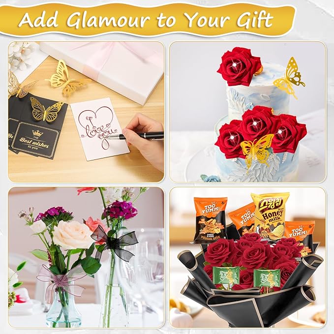 ROADPLUM 20 Sheets Flower Wrapping Paper, Black Bouquet Wrapping Paper Accessories with 100 Diamond Pins 60 Gold Butterflies 3 Ribbon 10 Cards 90 Bamboo Stick, DIY Floral Bouquet Supplies
