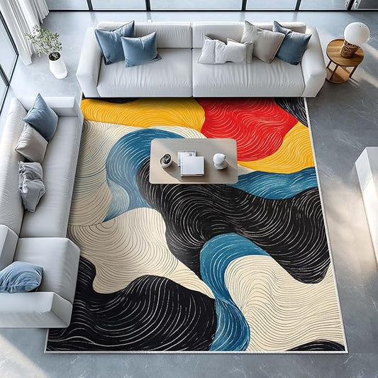 8x10 Colorful Area Rug Modern Abstract Black White Blue Beige Red Yellow Bedroom Rug Soft Low Pile Thin Large Carpet Living Room Non Slip Dining Room Stain Resistant Office Washable Machine