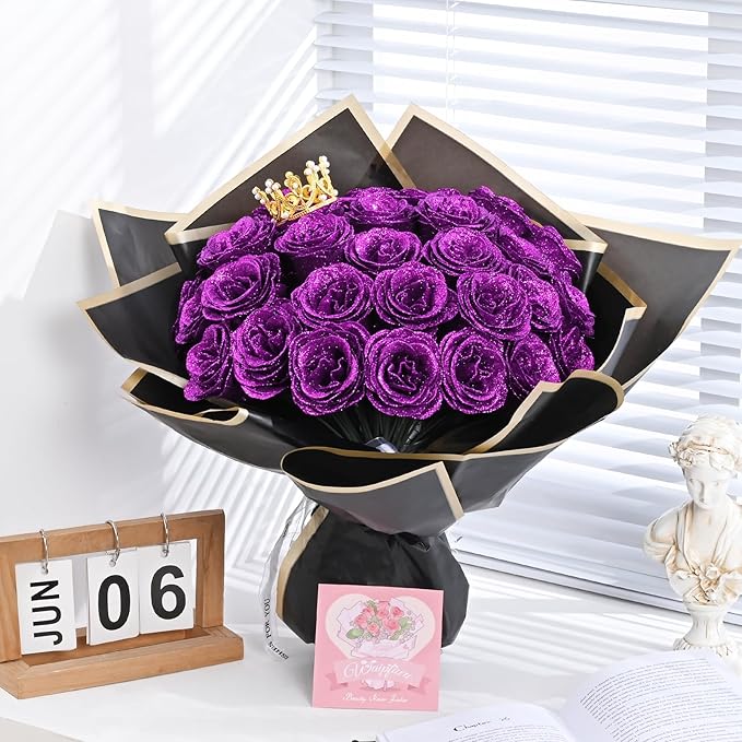 Waipfaru 24 Pcs Glitter Roses Bouquet, DIY Fake Flowers Bouquet, Artificial Purple Rose Bouquet for Valentines, Mothers Day Gifts, Anniversary, Engagement, Wedding