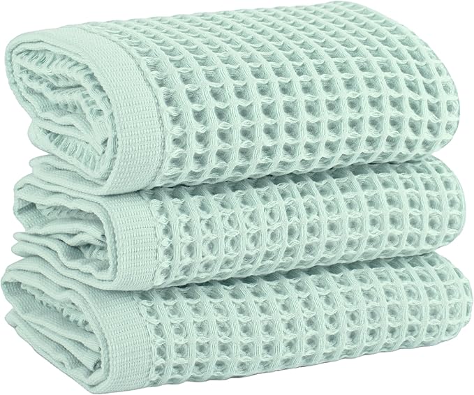 PÜSKÜL Natural 100% Turkish Cotton Waffle Kitchen Towels Set of 3 | Oeko-Tex, Premium Waffle Hand Towels for Bathroom | Soft Absorbent Quick-Dry Lint-Free Dish Towel Large 32x16 inch (3, Ice Green)