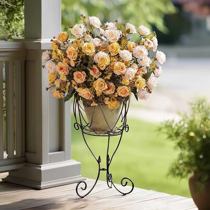 Artificial Rose Flowers for Outdoor 4 Bundles Rose Bouquet with Daisy Faux Flowers UV Resistant for Home Indoor Outside Garden Porch Window Box Balcony Yard Porch Fall Decor (White+Yellow)