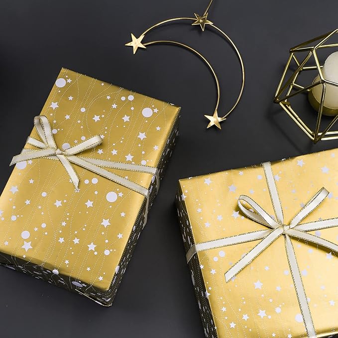 LeZakaa Floral Wrapping Paper Roll, Luxury Metallic Gift Wrap with Floral, Stars & Polka Dot Design for Mothers Day, Wedding, Bridal Shower, Birthday, Anniversary, 17 x 120 inches, 3 Rolls, Mini Roll