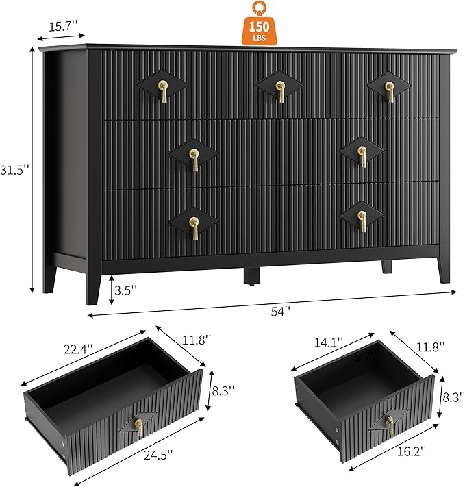 GarveeHome Fluted Dresser for Bedroom, 54 Inch Wide 7-Drawer Wood Dresser, Modern Chest of Drawers, Storage Organizer Cabinet for Living Room, Hallway, Entryway, Black