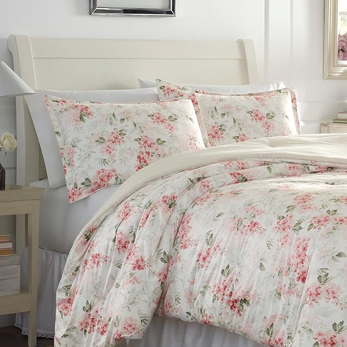 Laura Ashley - Twin Comforter Set, Plush Velour Micromink Face Bedding with Soft Cotton Reverse, Medium Weight for Year Round Use, 2 Piece Bed Set with Matching Pillowcase (Wisteria Pink)