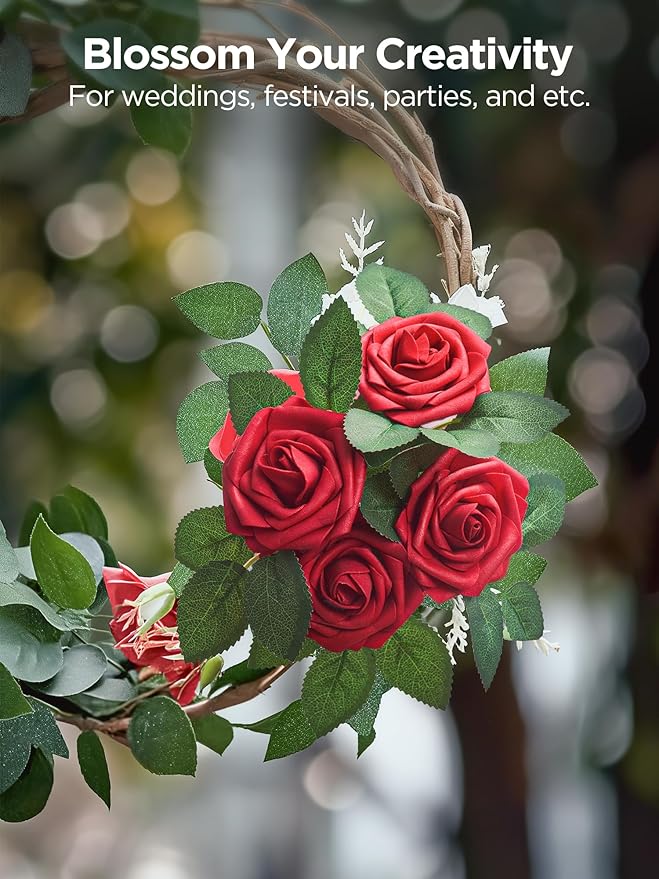 InnoGear Artificial Flowers, 100 Pcs Dark Red Foam Fake Roses Bulk with Stems for Decoration DIY Wedding Bouquets Centerpieces Bridal Shower Party Christmas Tree