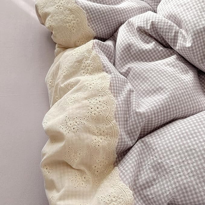 LifeTB Purple Gingham Duvet Cover King Cozy Washed Microfiber Purple Checkered Plaid Duvet Cover with 2 Pillowcases Romantic White Lace Comforter Cover 3 Pieces Gingham Grid Bedding Set