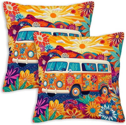 Hippie Van Throw Pillow Covers 18x18 Set of 2 | Home Decor Retro 1960s Cushion Cases with Zipper | Decorative Pillowcases for Couch, Sofa, Living Room and Bedroom