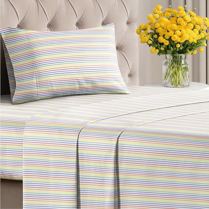 Rainbow Striped Sheet Set - Colorful Striped Bed Set - 1 Flat & 1 Fitted Sheet & 1 Pillowcase w/ Deep Pockets - Wrinkle & Fade Resistant - Soft, Breathable and Cooling - Rainbow Bedding - Twin Size