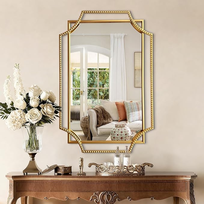 Gold Bathroom Mirror with Metal Frame 24"x36" Antique Beaded Decorative Wall Vanity Mirror Rectangle Polished Beveled Mirrors for Bedroom Entryway Fireplace