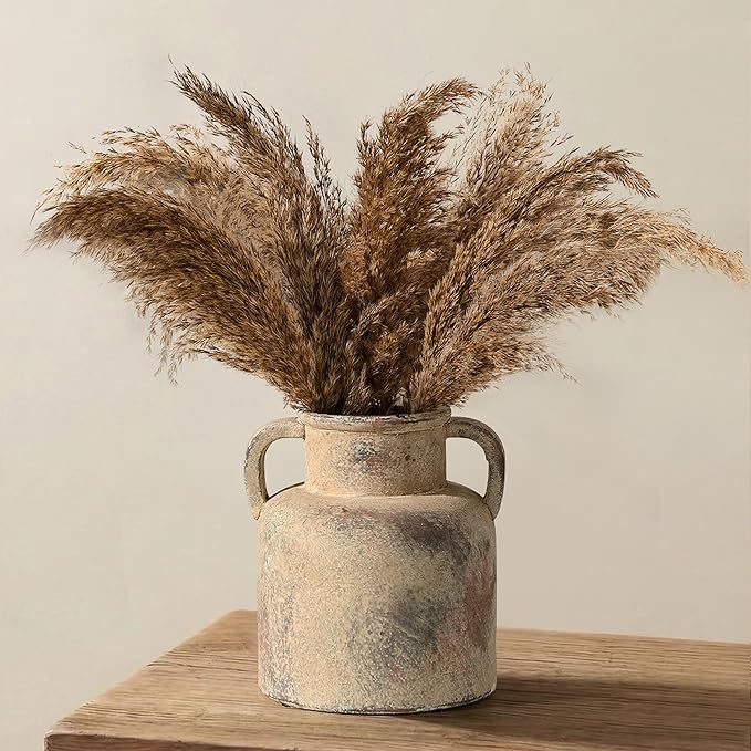 Antique Ceramic Vase with 2 Handles, 6.1 Inch Farmhouse Rustic Flower Vase, Small Vintage Terra Cotta Vases for Home Decor, Wedding, Living Room, Table, Shelf Decor, Neutral