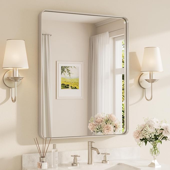 TETOTE Brushed Nickel Mirror 28 x 36 Inch for Bathroom Over Sink Metal Framed Mirror Modern Farmhouse for Living Room Entryway(Horizontal/Vertical)