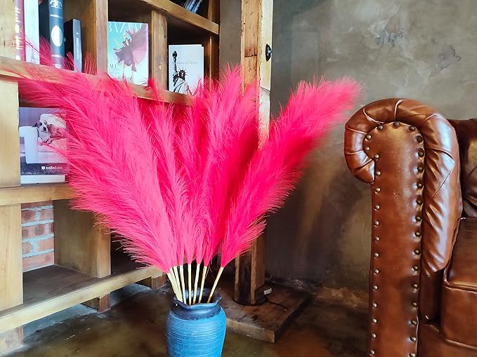 Premium Faux Pampas Grass Decor Tall & Fluffy, No Assembly Needed Long Pampas, Luxury Large Floral, Elegant Feather Flowers for Wedding Decorations (Faux Red, 8pcs 43.3"(110cm))