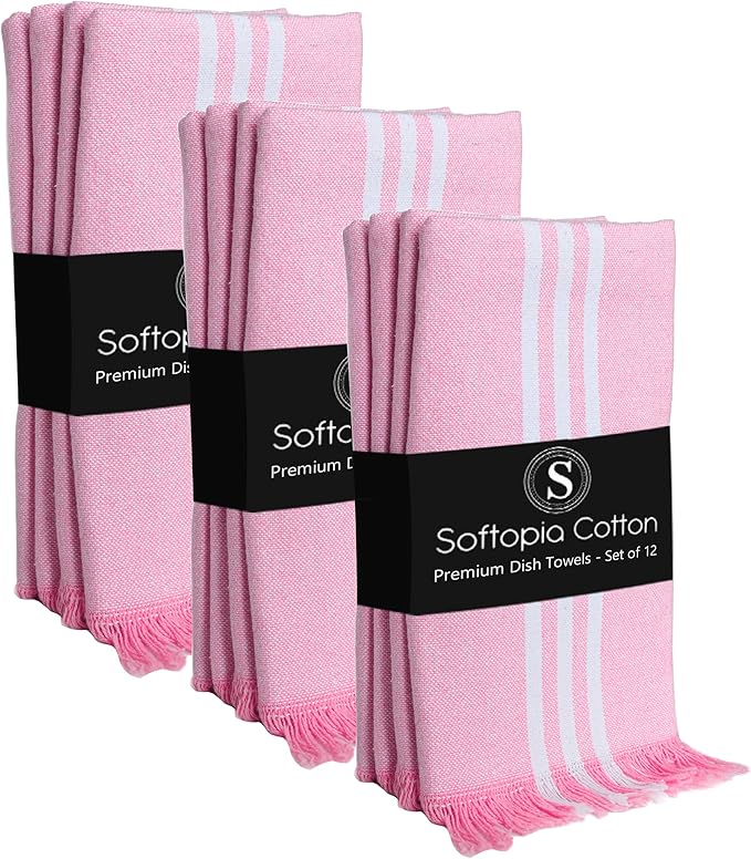 Prewashed Stripe Tea Towels 12 Pack, 16x26 Inches, Dish Cloths for Cooking and Cleaning, Quick Dry Kitchen Rags, Reusable Hand Towels for Drying Dishes and Surfaces - Rose Pink