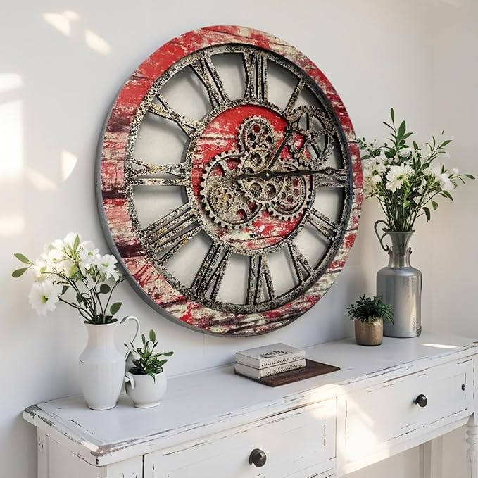 ImprovingLife The Gears Clock The Original Real Moving Gear Wall Clock Vintage Industrial Oversized Rustic Farmhouse (24 inch (60cm),Red Lava)