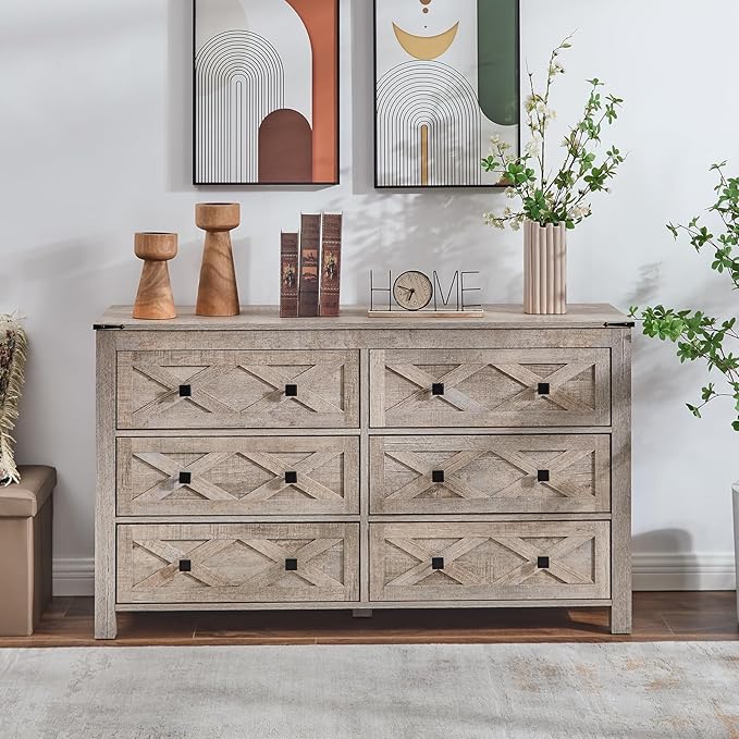 6 Drawer Dresser, Farmhouse 54" Wide Wood Chests of Drawers for Bedroom, Grey Dresser TV Stand Organizers for Entryway, Clothes Organizer, Accessory Storage Cabinet, Light Rustic Oak