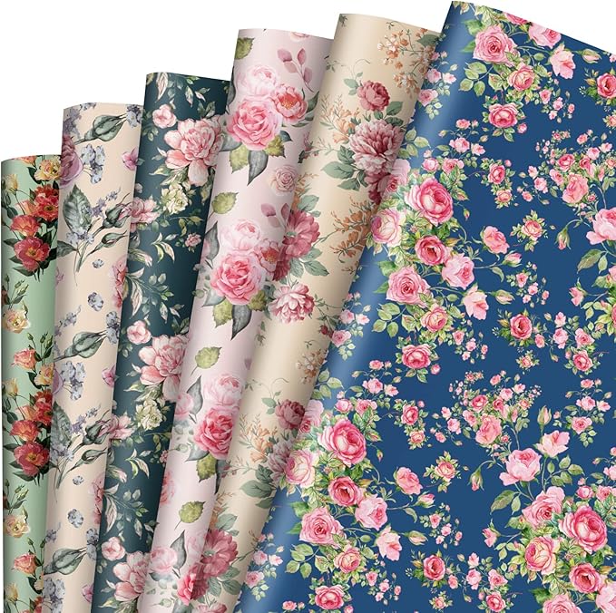 Whaline 12 Sheet Floral Wrapping Paper Vintage Flower Gift Wrap Paper Retro Decorative Art paper for Spring Wedding Baby Shower Birthday DIY Crafts Gift Packing, 19.7 x 27.6 Inch, Folded Flat