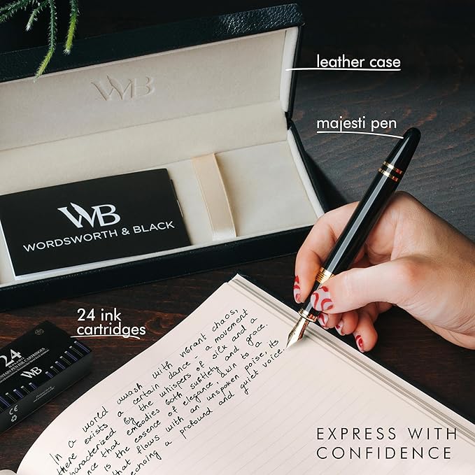 Wordsworth & Black Majesti Fountain Pen-(Black) Luxury Case, 24K Gold Finish; 18K Gilded Extra Fine Nib- Ink Cartridges, Refillable Ink Converter-Calligraphy Pen-Best Business Gift Set for Men & Women