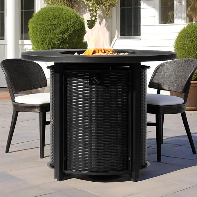 32" Propane Gas Fire Pit Table, 50000 BTU Round Steel Fire Pit with Lid & Glass 2 in 1 Fire Pit Table Rock for Outside Patio Deck Garden Courtyard