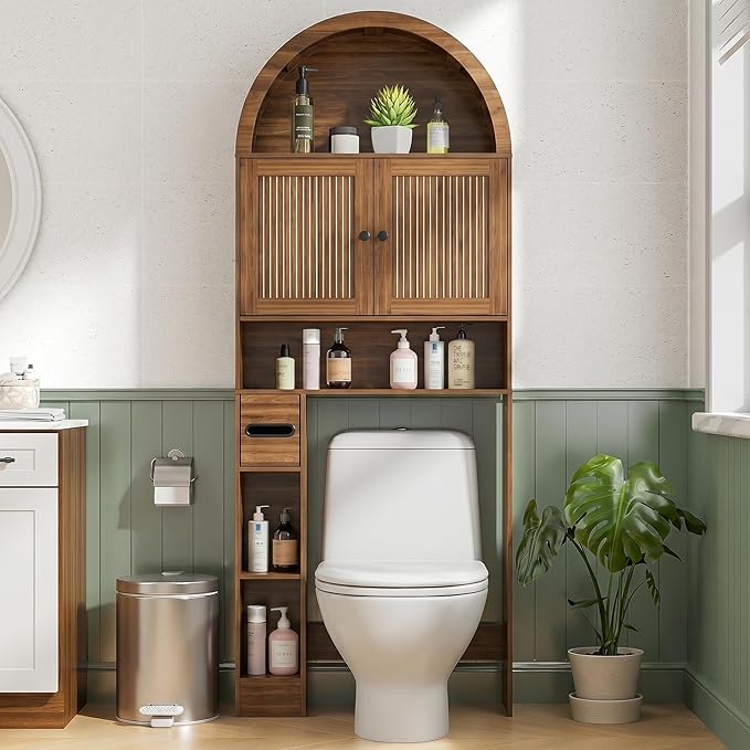 Arched Over The Toilet Storage Cabinet with Fluted Doors, Above Toilet Bathroom Organizer, 4 Tier Bathroom Cabinet Shelves with Toilet Paper Holder, Mid Century Modern Storage Rack, Tall, Wide, Walnut