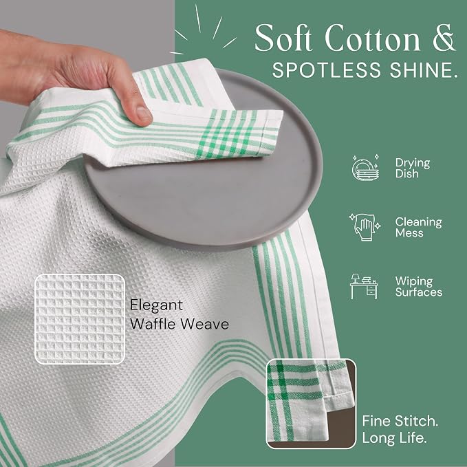 Waffle White & Dark Green Kitchen Towels 4 Pack, 100% Cotton, 16x26 inches, Super Absorbent Tea Towel for Drying Dishes, Quick Drying Kitchen Cloth Set for Daily Cooking, Cleaning