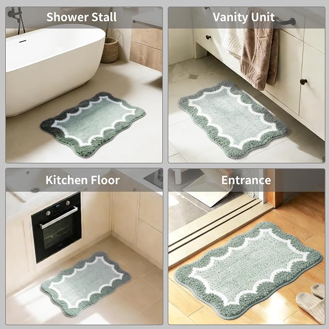 Scalloped Green Small Bathroom Rugs Mat,Non Slip Absorbent Quick Dry Bath Mats for Shower Room,Plush Microfiber Bath Rug for Bathroom Floor Washable Carpet for Shower Tub Sink Bedroom,16"x24"