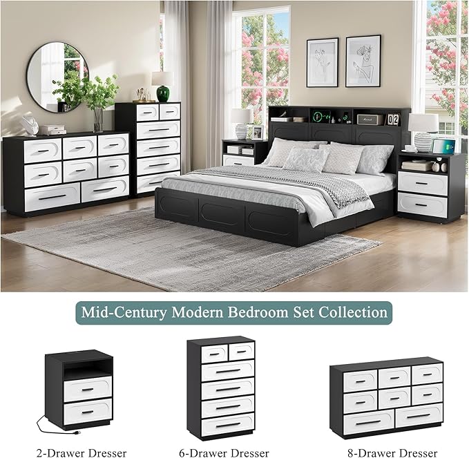 White Dresser for Bedroom, Modern 6 Drawer Dresser with Solid Wood Handle, Wood Chest of Drawers, 44" Tall Bedroom Storage Cabinet, Closet Organizer for Living Room, Hallway