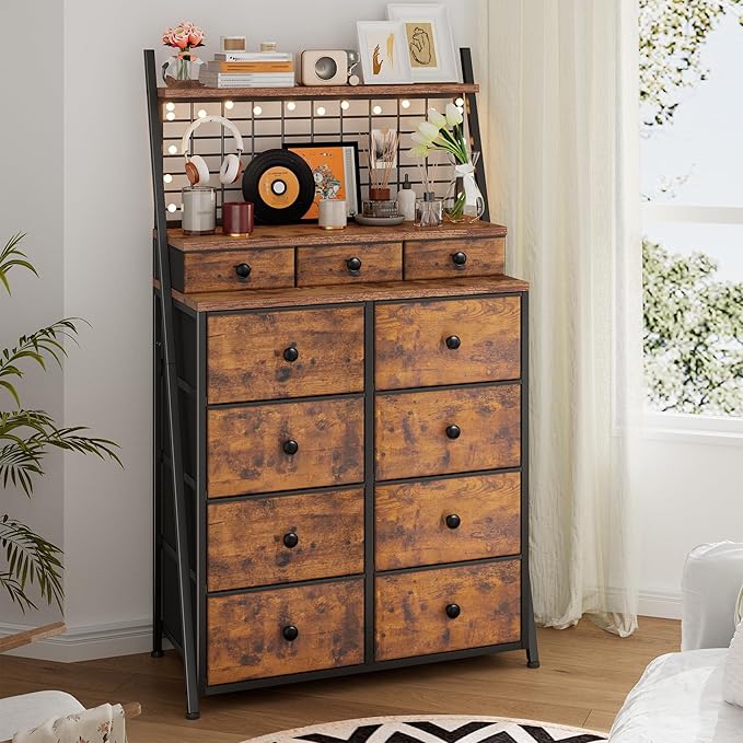 EnHomee 51" H Dresser for Bedroom with LED, 11 Drawer Dresser with Wire Grid Panels & Open Shelves for Entryway, Dorm, Rustic Brown, 11.8" D x 33.9" W x 51.2" H