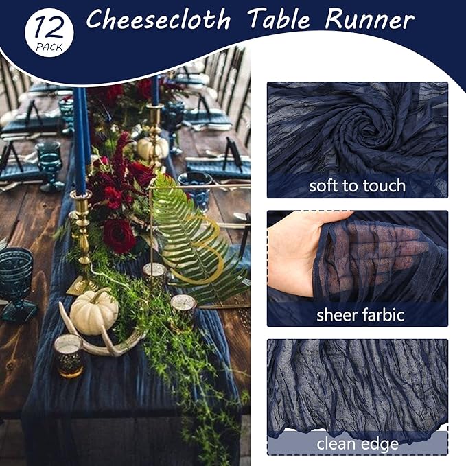 12 Pack 10Ft Cheesecloth Boho Gauze Table Runner - 35x120 Inch Rustic Cheese Cloth Long Table Runner for Wedding, Bridal Shower, Birthday Party Decor (Navy Blue)