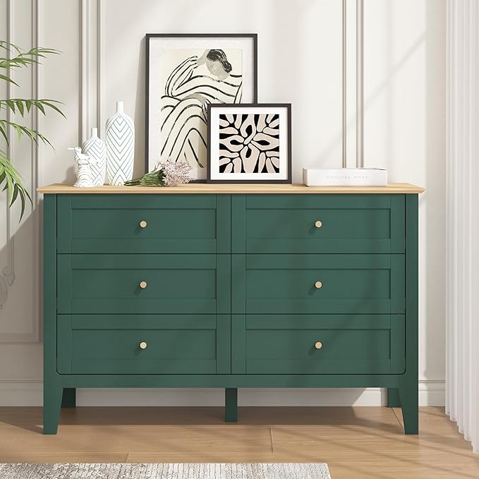 6 Drawers Green Dresser for Bedroom, 47" Wide Wood Modern Chest of Drawers, Shaker Style, Modular Dresser TV Stand for Bedroom, Living Room, Hallway (Green)