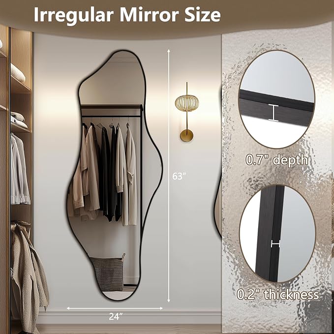 Mirrorons Irregular Wall Mirror 63×24, Black Asymmetrical Decorative Bathroom Mirror, Cloud Mirror, Modern Vanity Mirror, Shatterproof Black Mirror