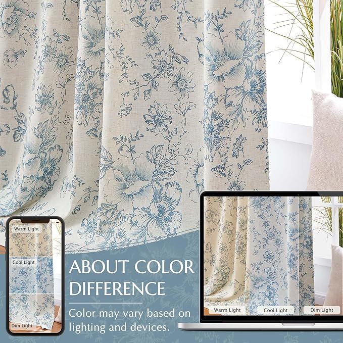 jinchan Blackout Linen Blend Curtain Floral Blackout Curtains for Living Room 96 Inch Length Blue Printed with Lined Blackout Curtain for Bedroom Farmhouse Curtains Set 2 Panels