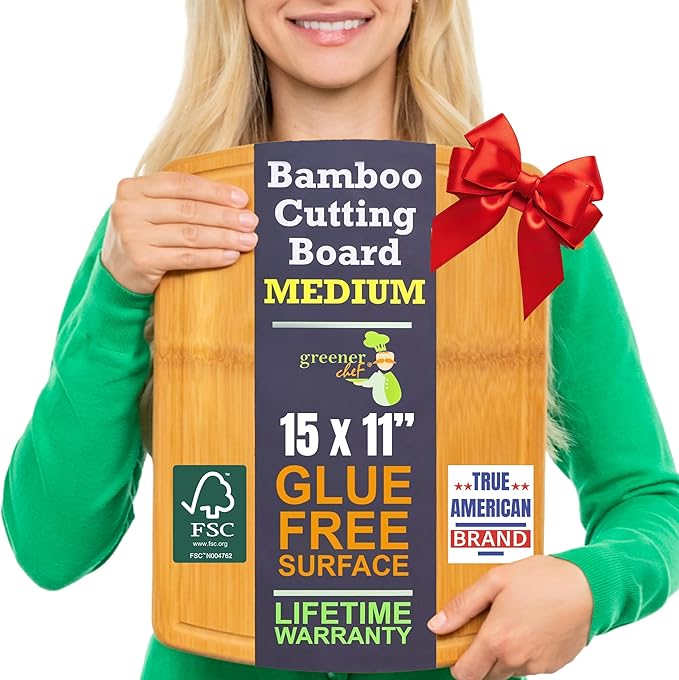 Bamboo Cutting Board – 15 Inch Wood Cutting Boards for Kitchen with Glue-Free Surface™ & Juice Groove – Non-Toxic, FSC-Certified, Durable Wooden Chopping Board