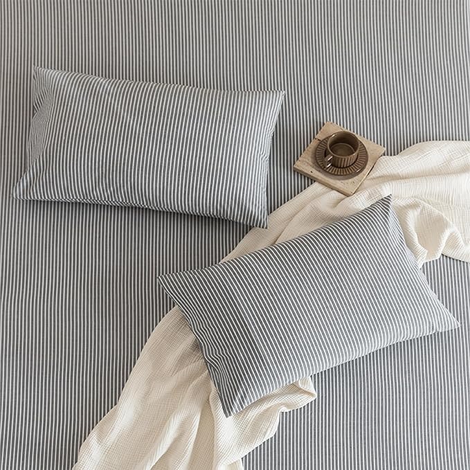 JIYUAN 100% Washed Cotton Striped Duvet Cover Set 3 Pieces King, 1 Duvet Cover and 2 Pillowcases(Comforter Not Included),Linen Like Comfy and Breathable,Pinstripes-Heathered Dark Grey White