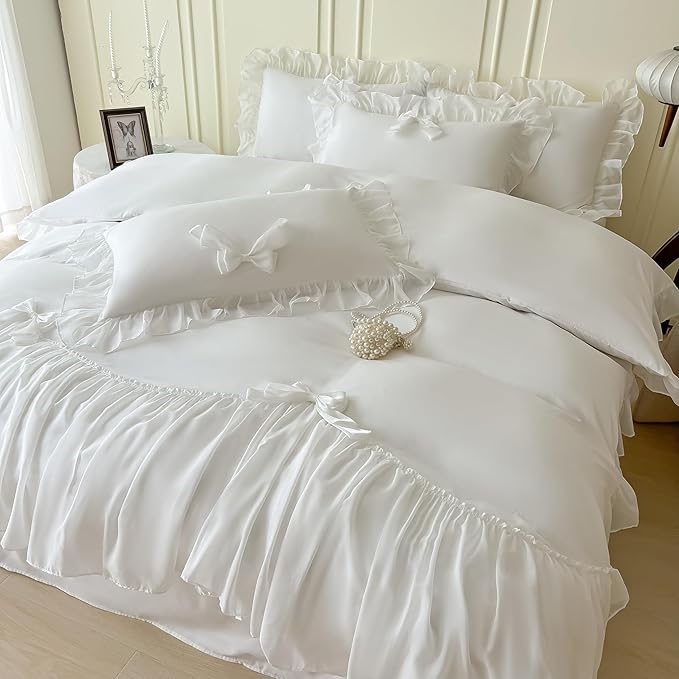 Girls Lace Bedding,Full Comforter Cover Set, Chic Ruffled Duvet Cover with Lovely Bow,Princess Style 1 Duvet Cover with 2 Pillowcases, No Comforter-White,Full Size