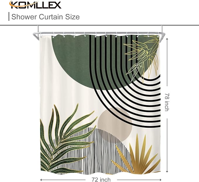 KOMLLEX Mid Century Green Boho Shower Curtain 72Wx78L Inches Abstract Modern Shower Curtains for Bathroom Gold Plant Botanical Minimalist Arch Sun Fabric Liner Waterproof Polyester 12 Pack Hooks