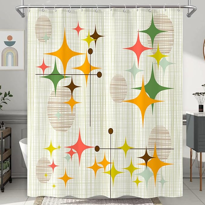 Mid Century Modern Shower Curtain Retro Stars Shower Curtains for Bathroom Abstract Vintage Boho Art Waterproof Fabric Bath Curtain Decor with Hooks (Yellow1, 72'' x 72'')
