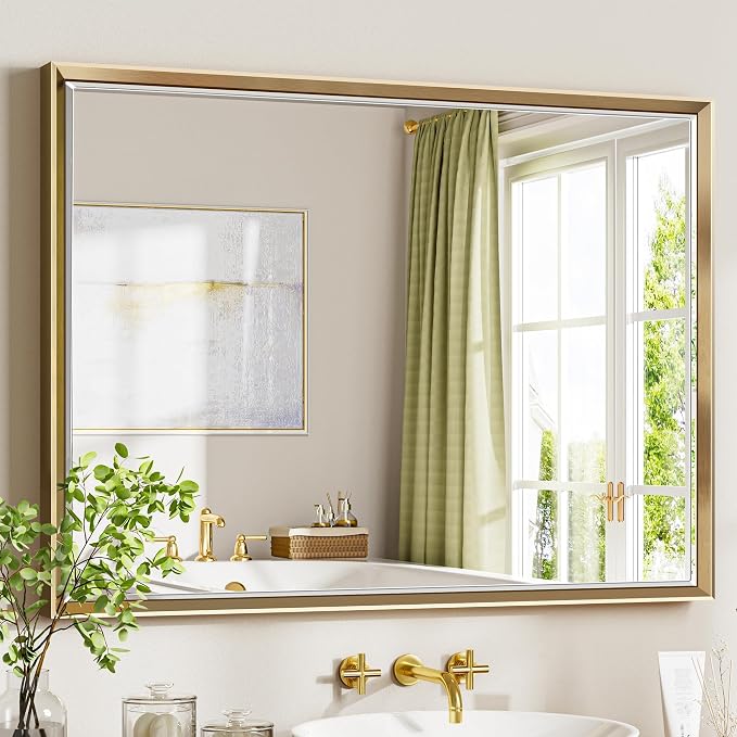 40 x 30 Gold Bathroom Mirror, Brushed Gold Beveled Bathroom Mirror, Shatterproof Large Gold Frame Rectangle Mirror, Brushed Brass Gold Framed Vanity Mirror Vertical/Horizontal Wall-Mounted