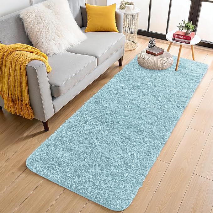 OLANLY 2x4 Machine Washable Runner Rugs for Hallway, Soft Fluffy Shaggy Bedside Rugs for Bedroom, Living Room, Indoor Floor Carpet for Kids Girls and Boys, Home Decor Aesthetic, Light Blue