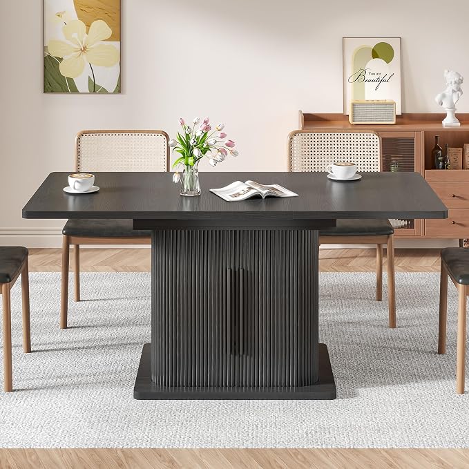 Extendable Black Dining Table for 4-6, 47-65 Inch Rectangle Dining Room Kitchen Table with Large Storage, Wood Sliding Door, Mid Century Modern Dinner Furniture, Fluted, Space Saving, Living Room