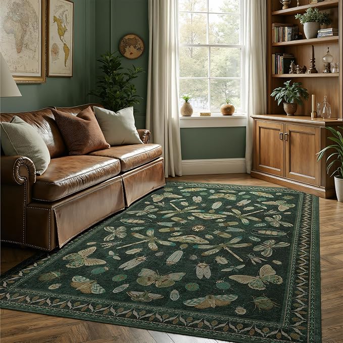 DCX 4x6 Washable Insect Rug, Vintage Gothic Dark Green Rug with Non-Slip Rubber Backing, Soft Low-Pile, Stain-Resistant, Kid & Pet Friendly, for Living Room, Bedroom, Office, and Nature-Themed Decor