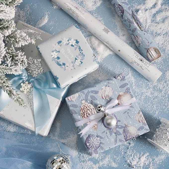 LeZakaa Blue Christmas Wrapping Paper Mini Roll, Silver Blue Winter Ornaments, Floral Wreath, Snowflake Holiday Gift Wrap, Arts Craft, for Xmas Winter Party Men Women, 17 x 120 inches, 3 Rolls