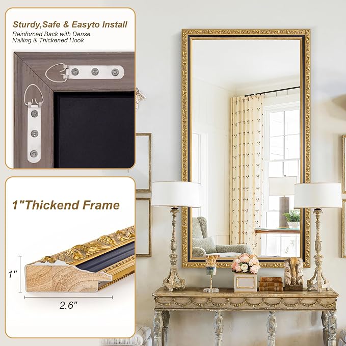 Large Antique Wall Decorative Mirror, 46'' x 22'' Black Gold Retro Wall Decor Mirror, Rectangular Vintage Gold Mirrors for Bathroom, Entryway, Dining Room, Fireplace